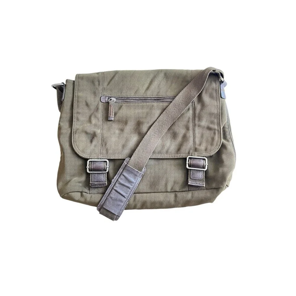 Banana Republic Olive Green Nylon Brown Leather Laptop Bag Messenger Briefcase